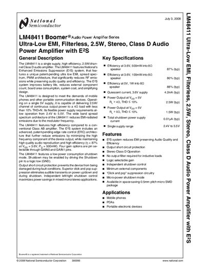 National Semiconductor LM48411 Audio Power Amplifier Datasheet - cover page