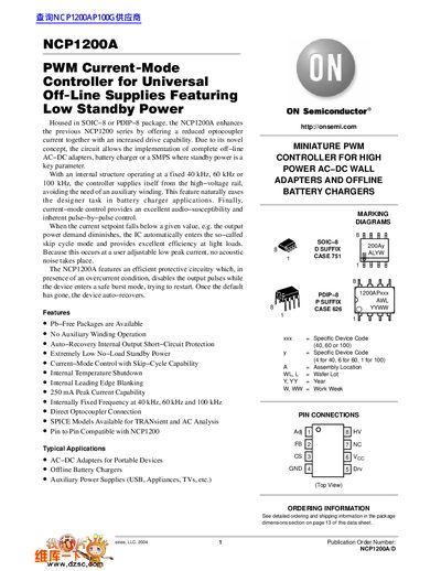 ON Semiconductor NCP1200A PWM Current-Mode Controller Datasheet - cover page