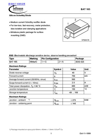 Infineon BAT 165 Silicon Schottky Diode Datasheet - cover page