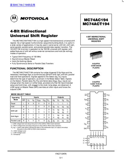 Motorola MC74AC194/MC74ACT194 4-Bit Bidirectional Universal Shift Register Datasheet - cover page
