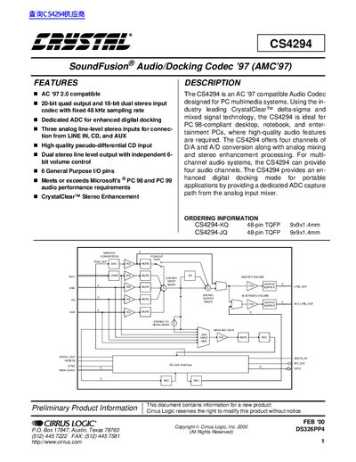 Cirrus Logic CS4294 Audio Codec Datasheet - cover page