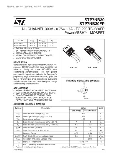 STMicroelectronics STP7NB30 / STP7NB30FP Power MOSFET Datasheet - cover page