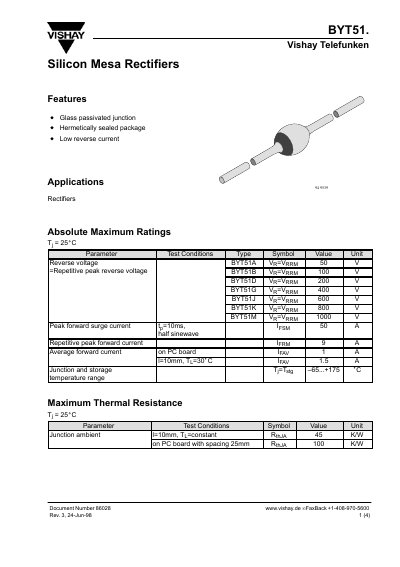Vishay BYT51 Silicon Mesa Rectifiers Datasheet - cover page