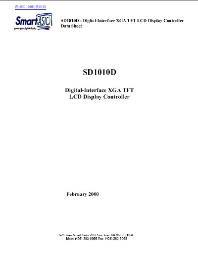 SmartASIC SD1010D Digital-Interface XGA TFT LCD Display Controller Data Sheet - cover page