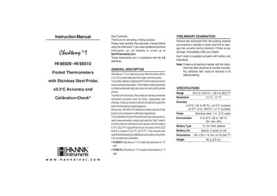 Hanna Instruments HI 98509/98510 Pocket Thermometers Instruction Manual - cover page