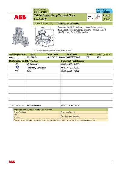 ABB ZS4-D1 Screw Clamp Terminal Block Technical Datasheet - cover page