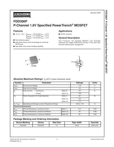 Fairchild Semiconductor FDD306P P-Channel MOSFET Datasheet - cover page