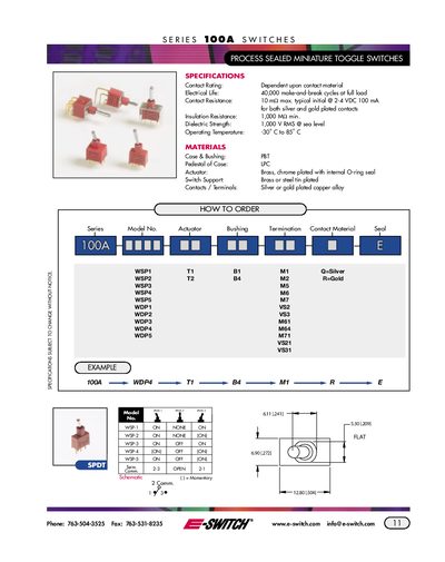 E-Switch Series 100A Process Sealed Miniature Toggle Switches Datasheet - cover page