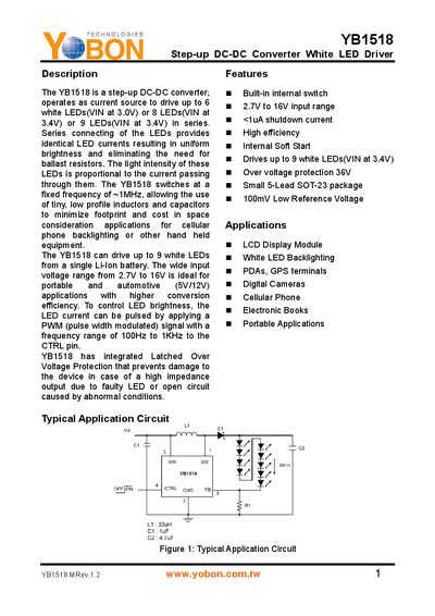 Yobon YB1518 Step-up DC-DC Converter White LED Driver Datasheet - cover page