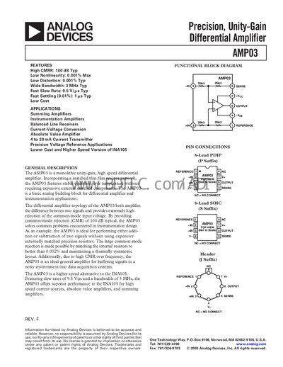 Analog Devices AMP03 Differential Amplifier Datasheet - cover page