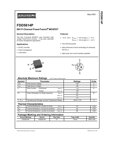 Fairchild FDD5614P 60V P-Channel PowerTrench MOSFET Datasheet - cover page