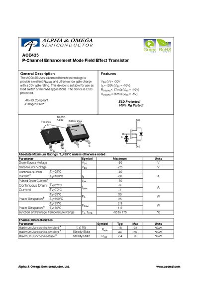 Alpha & Omega AOD425 P-Channel Enhancement Mode Field Effect Transistor Datasheet - cover page