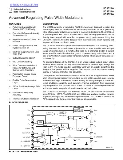 Unitrode UC1524A/UC2524A/UC3524A Advanced Regulating Pulse Width Modulators Datasheet