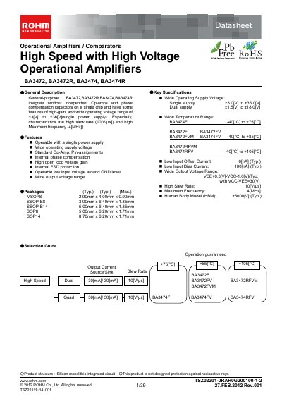 ROHM BA3474RFV Operational Amplifier Datasheet - cover page