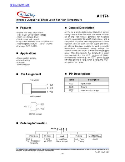 Anachip AH174 Inverted Output Hall Effect Latch Datasheet - cover page