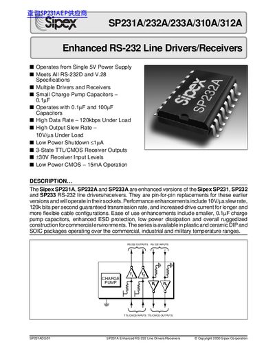 Sipex SP231A/232A/233A/310A/312A Enhanced RS-232 Line Drivers Receivers Datasheet - cover page