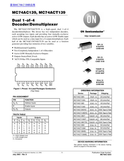 ON Semiconductor MC74AC139/DMC74AC139, MC74ACT139 Dual 1-of-4 Decoder/Demultiplexer Datasheet - cover page