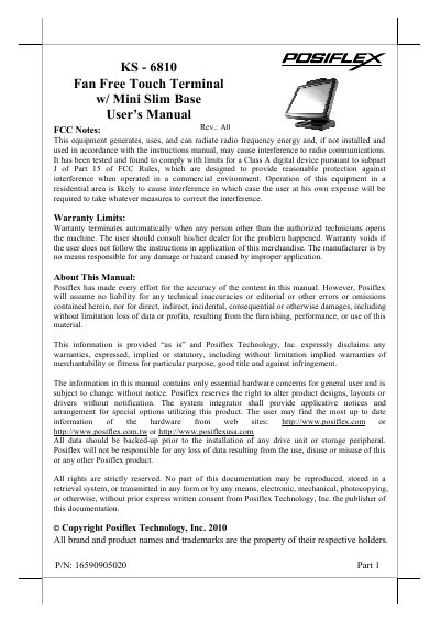 POSIFLEX KS - 6810 Fan Free Touch Terminal w/ Mini Slim Base User Manual Rev.: A0 - cover page