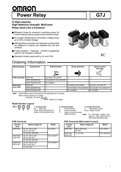 Omron G7J Relay Datasheet - cover page