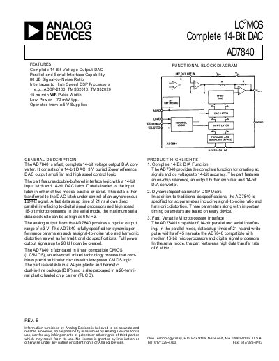 Analog Devices AD7840 14‑Bit DAC Datasheet