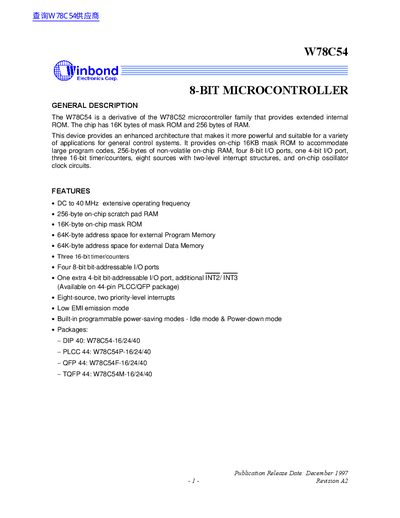 Winbond W78C54 8-bit Microcontroller User Manual - cover page