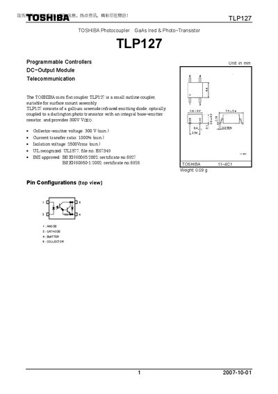 Toshiba TLP127 Photocoupler Datasheet - cover page