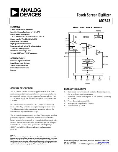 Analog Devices AD7843 Touch Screen Digitizer Datasheet Rev B - cover page