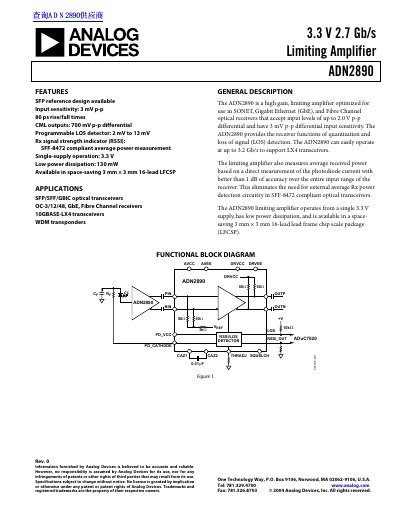 Analog Devices ADN2890 3.3 V 2.7 Gb/s Limiting Amplifier Datasheet