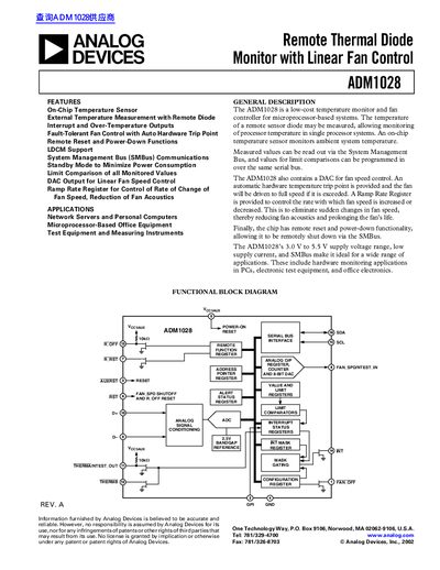 Analog Devices ADM1028 Remote Thermal Diode Monitor Datasheet - cover page