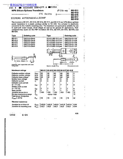 Siemens BD 611/613/615/617/619 Silicon Epibase Transistors Datasheet - cover page