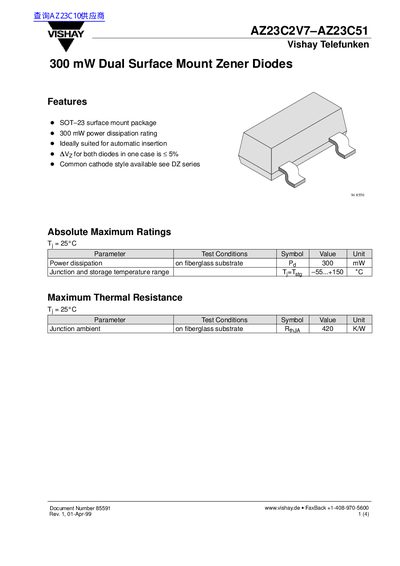 VISHAY AZ23C2V7 AZ23C51300 mW Dual Surface Mount Zener Diodes handbook - cover page