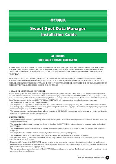 Yamaha Sweet Spot Data Manager Installation Guide - cover page