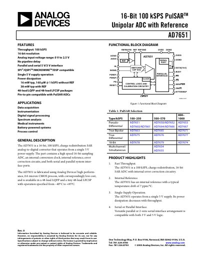 Analog Devices AD7651 16‑Bit 100 kSPS ADC Datasheet