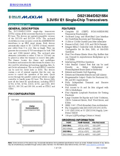 Maxim DS21354/DS21554 E1 Single-Chip Transceivers Datasheet - cover page