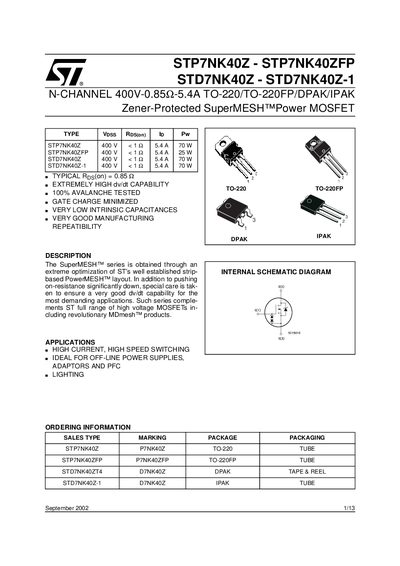 ST STP7NK40Z STP7NK40ZFP STD7NK40Z STD7NK40Z-1 Manual