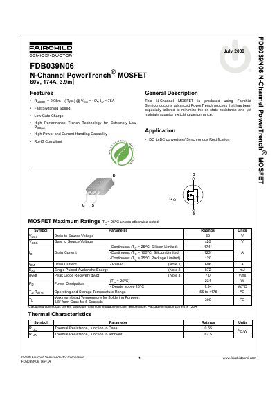 Fairchild Semiconductor FDB039N06 N-Channel MOSFET Datasheet - cover page