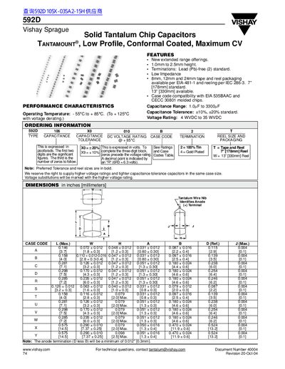VISHAY 592D Vishay Sprague Document Number 40004 Revision 20-Oct-04 For technical questions contact tantalum@vishay.com Solid Tantalum Chip Capacitors TANTAMOUNT Low Profile Conformal Coated - cover page