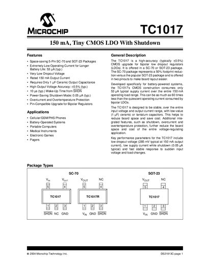Microchip TC1017 150 mA Tiny CMOS LDO With Shutdown Datasheet - cover page