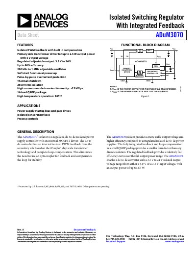 ADuM3070 Isolated Switching Regulator Data Sheet - cover page