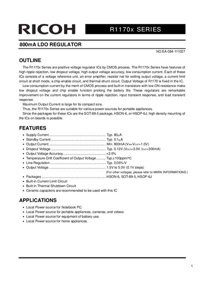 Ricoh R1170x Series 800mA LDO Regulator Datasheet - cover page
