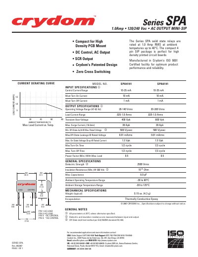 Crydom Series SPA Solid State Relay Datasheet - cover page