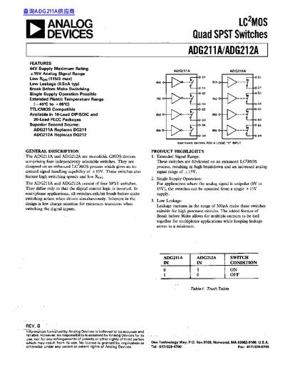 Analog Devices ADG211A/ADG212A Quad SPST Switches Datasheet