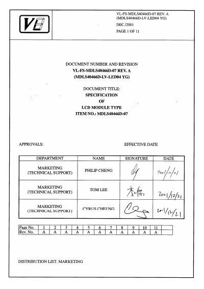 VARITRONIX - VL-FS-MDLS40466D-07 REV. A (MDLS40466D-LV-LED04 YG) DEC./2001  - cover page