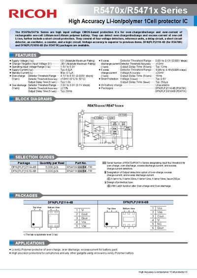 Ricoh R5470x/R5471x Series High Accuracy Li-ion/polymer 1Cell Protector IC Datasheet - cover page