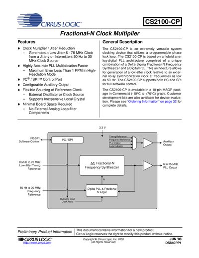 Cirrus Logic CS2100-CP Fractional-N Clock Multiplier Handbook - cover page