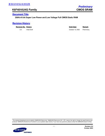 Samsung K6F4016U4G Family CMOS SRAM Datasheet - cover page