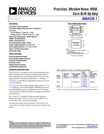 Analog Devices ADA4528-1 Operational Amplifier Datasheet - cover page