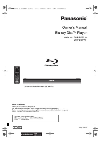 Panasonic DMP-BDT210 DMP-BDT110 Blu-ray Disc Player Owner's Manual - cover page