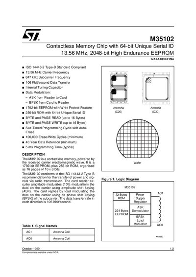 ST M35102 Contactless Memory Chip with 64-bit Unique Serial ID 13.56 MHz 2048-bit High Endurance EEPROM handbook - cover page