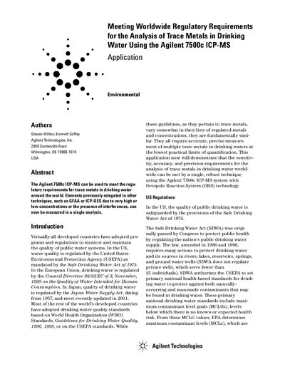 Agilent 7500c ICP-MS Application Note for Trace Metal Analysis in Drinking Water - cover page